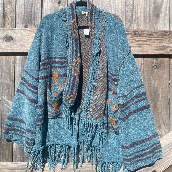 POL Sweaters - POL Teal and Brown Fringed Southwestern Cardigan